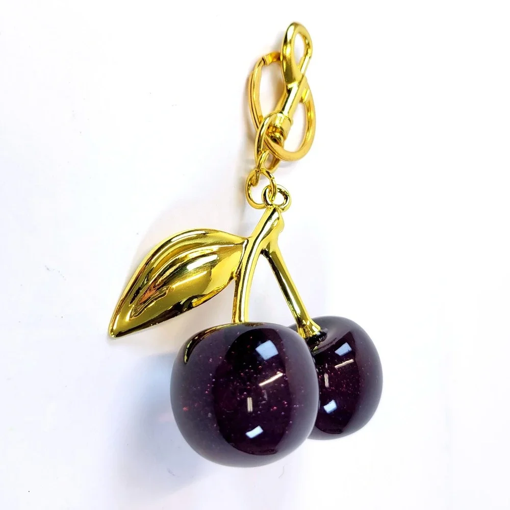 Cherry Bag Charm Glitter Resin Gold Hardware Dark Purple Womens Goth Whimsical